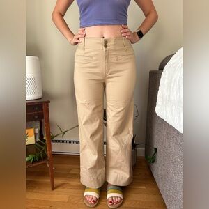Tan Elastic Waist Wide-Leg Pants